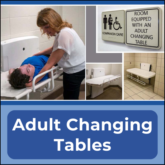 Adult Changing Tables. Photo collage of adult changing tables and restroom signage